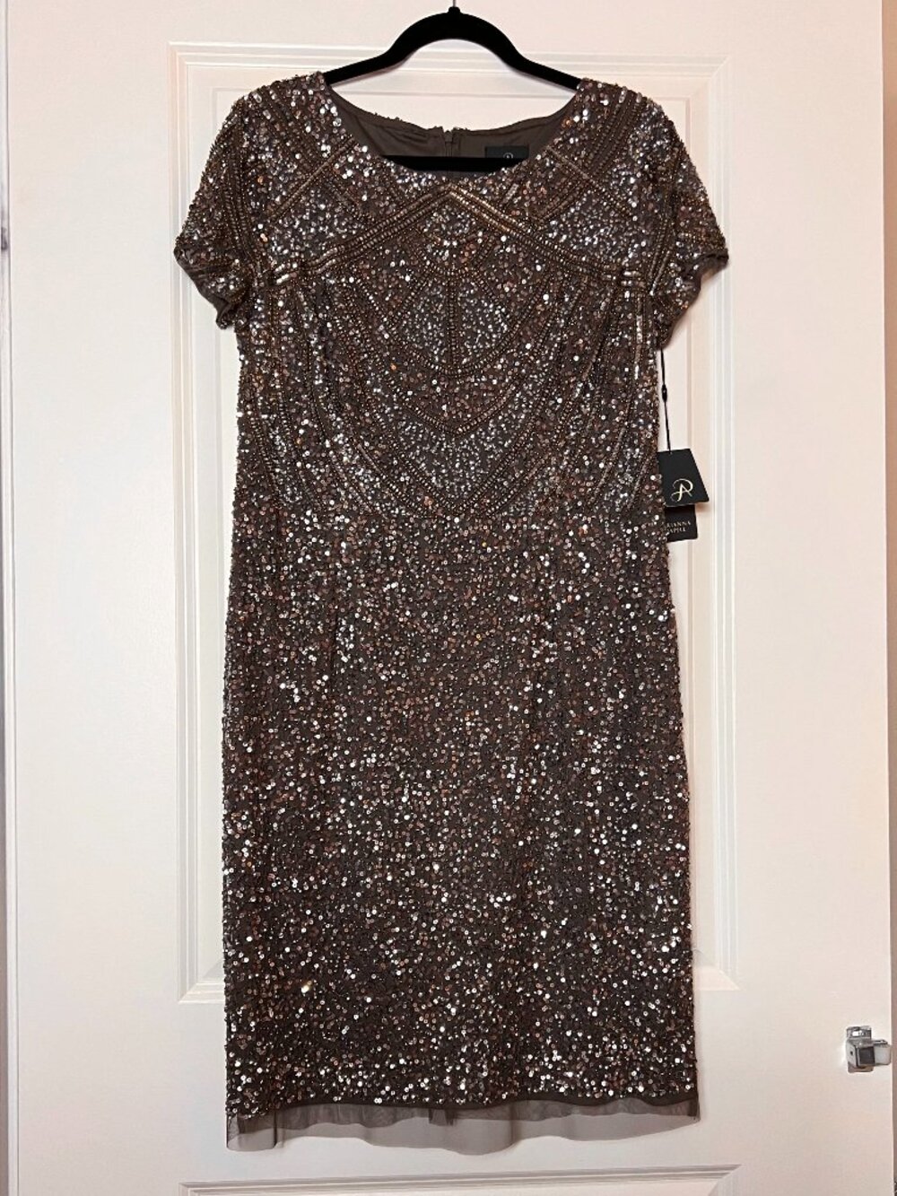 Adrianna Pappell Brown Sparkly Beaded Sequined Cocktail Short Sleeve Dress | 14